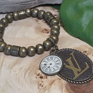 Antique Gold Beaded Bracelet with Watch And Upcycle Charm